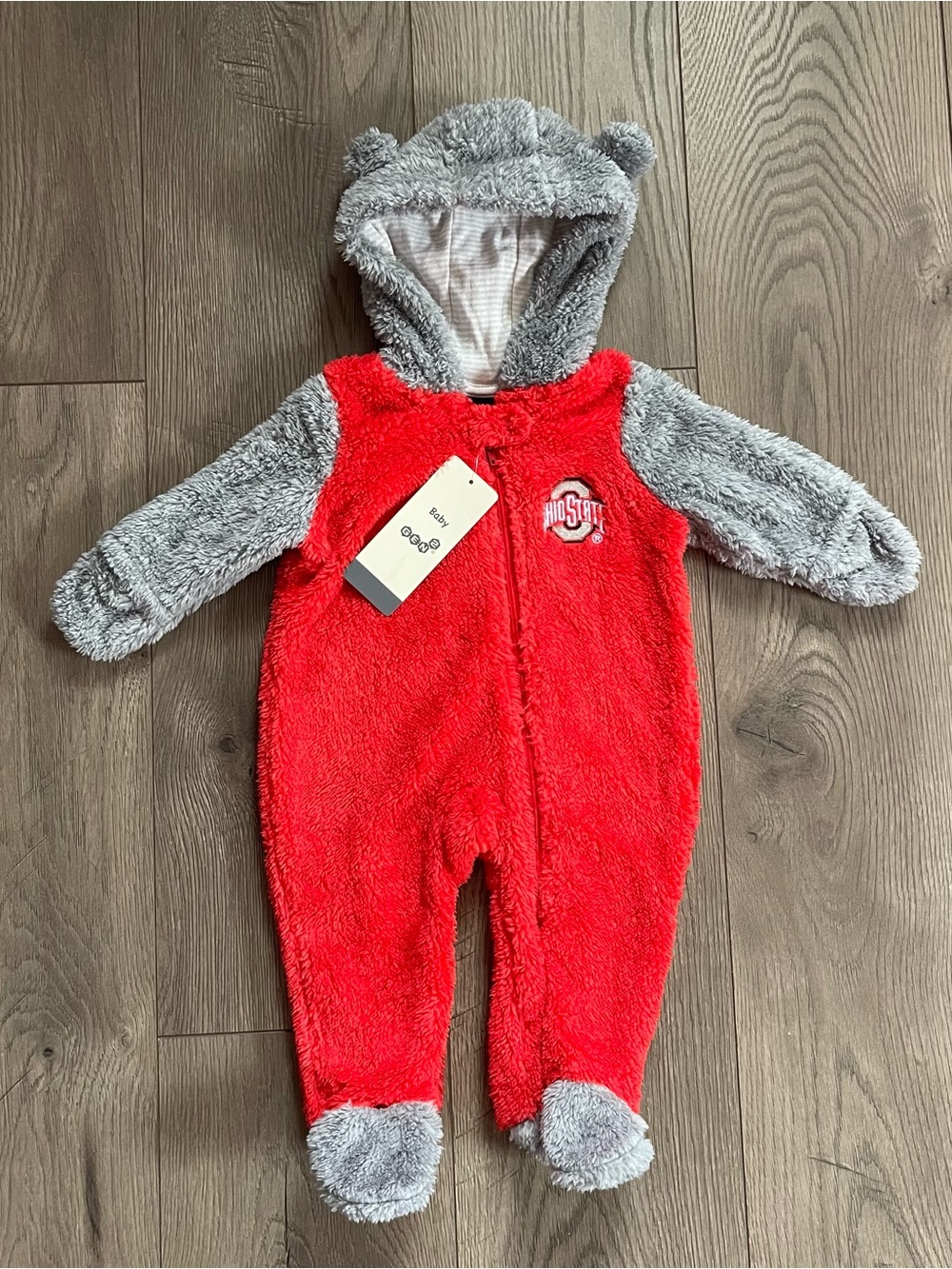 NWT Gen2 Ohio State Buckeyes 3/6m Fleece Bear Ear Zipper Baby Bunting